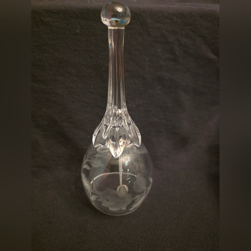 Art Glass Bell • Hand‑Blown Clear Glass with Etched Roses • 7”